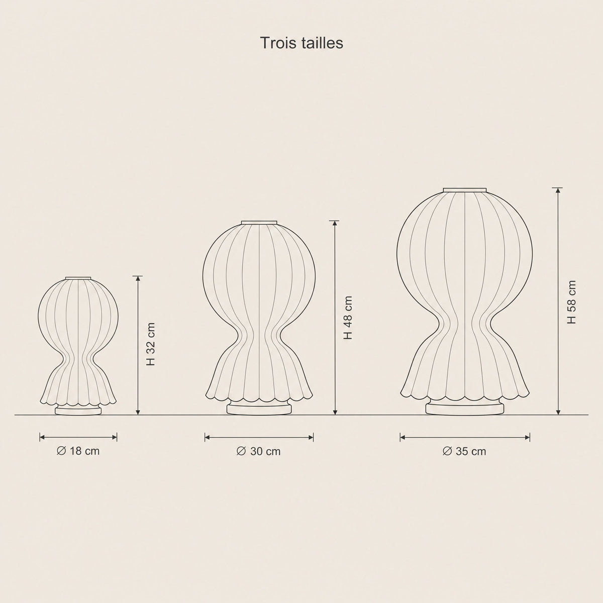 Dimension diagram of the three Pyrren cocoon table lamp sizes | Wickleigh