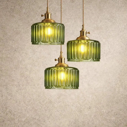 Ingin ribbed glass pendant light, gold cylinder, packshot | Wickleigh