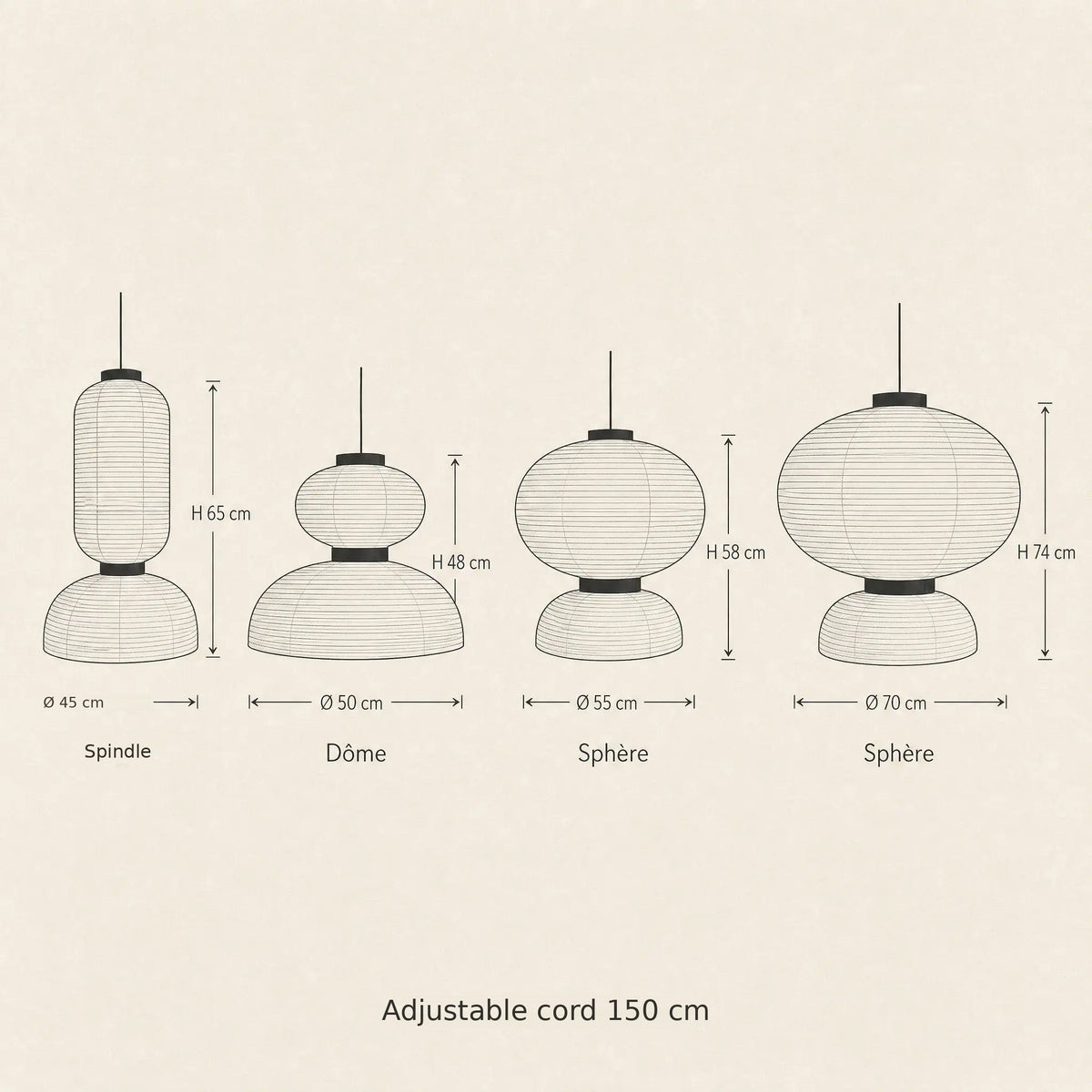 Rice paper pendant light size guide with four shapes and dimensions