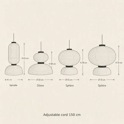 Rice paper pendant light size guide with four shapes and dimensions
