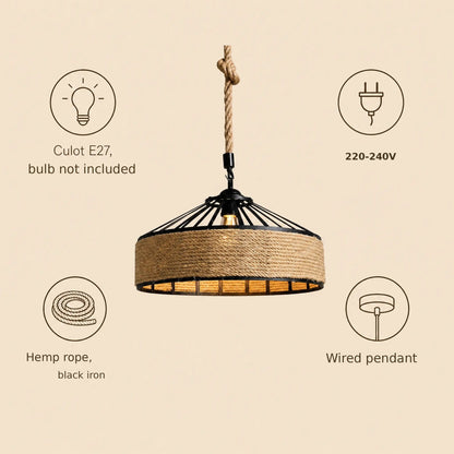 Woven hemp rope pendant light features: E27 fitting, hemp rope and black iron