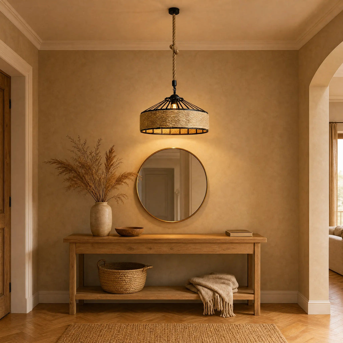 Ilsen rope pendant light in a hallway, golden halo over an oak console | Wickleigh
