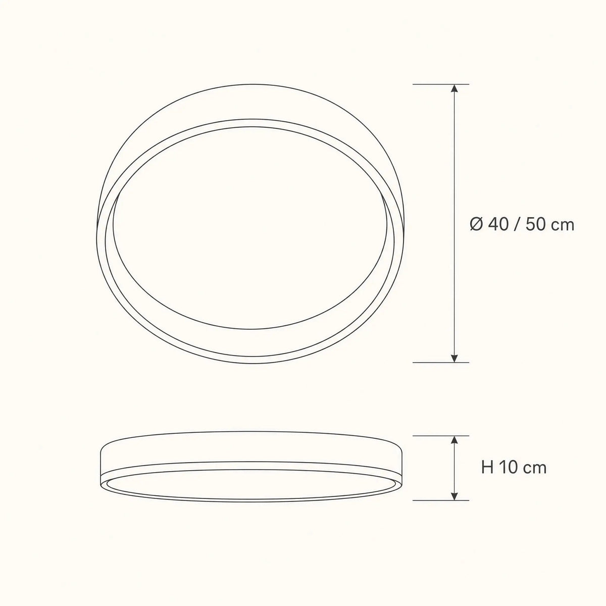 Kyrra ceiling light dimension diagram, Ø40 and 50 cm, 10 cm height | Wickleigh