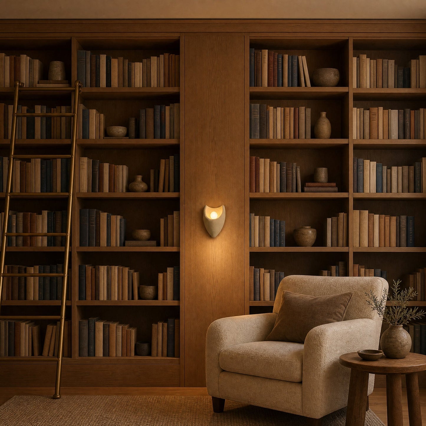 Savlin shell lit on an oak bookcase upright in the evening | Wickleigh