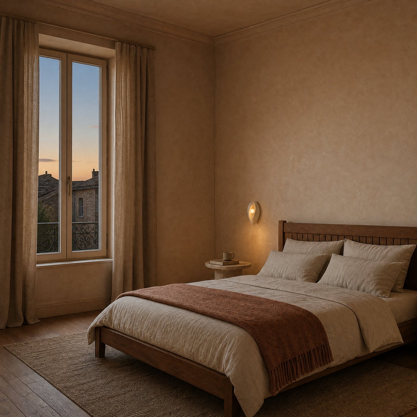 Savlin bedside wall light lit above a travertine nightstand, ochre-pink tadelakt bedroom wall | Wickleigh