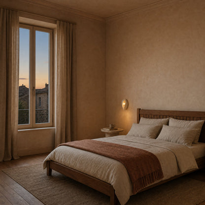Savlin bedside wall light lit above a travertine nightstand, ochre-pink tadelakt bedroom wall | Wickleigh