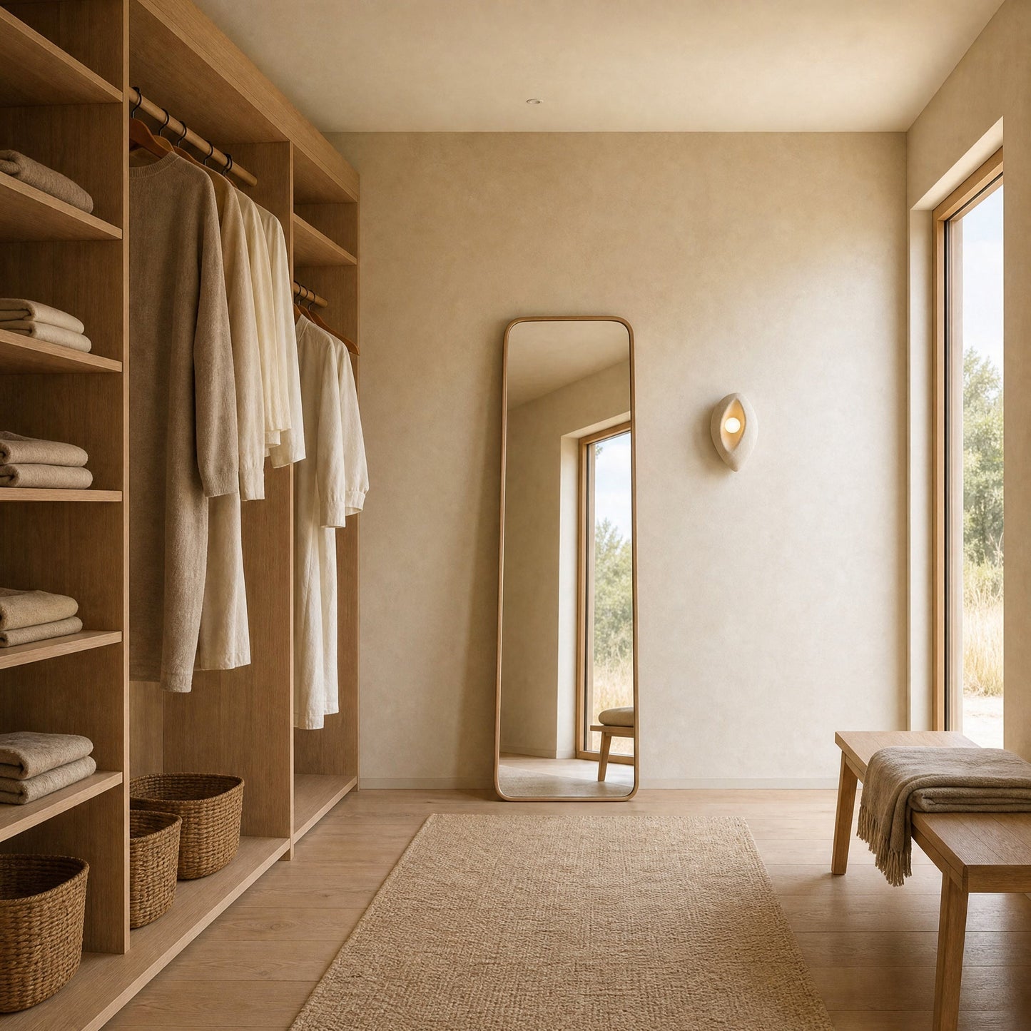 Savlin shell lit beside a full-length mirror in a light oak dressing room | Wickleigh