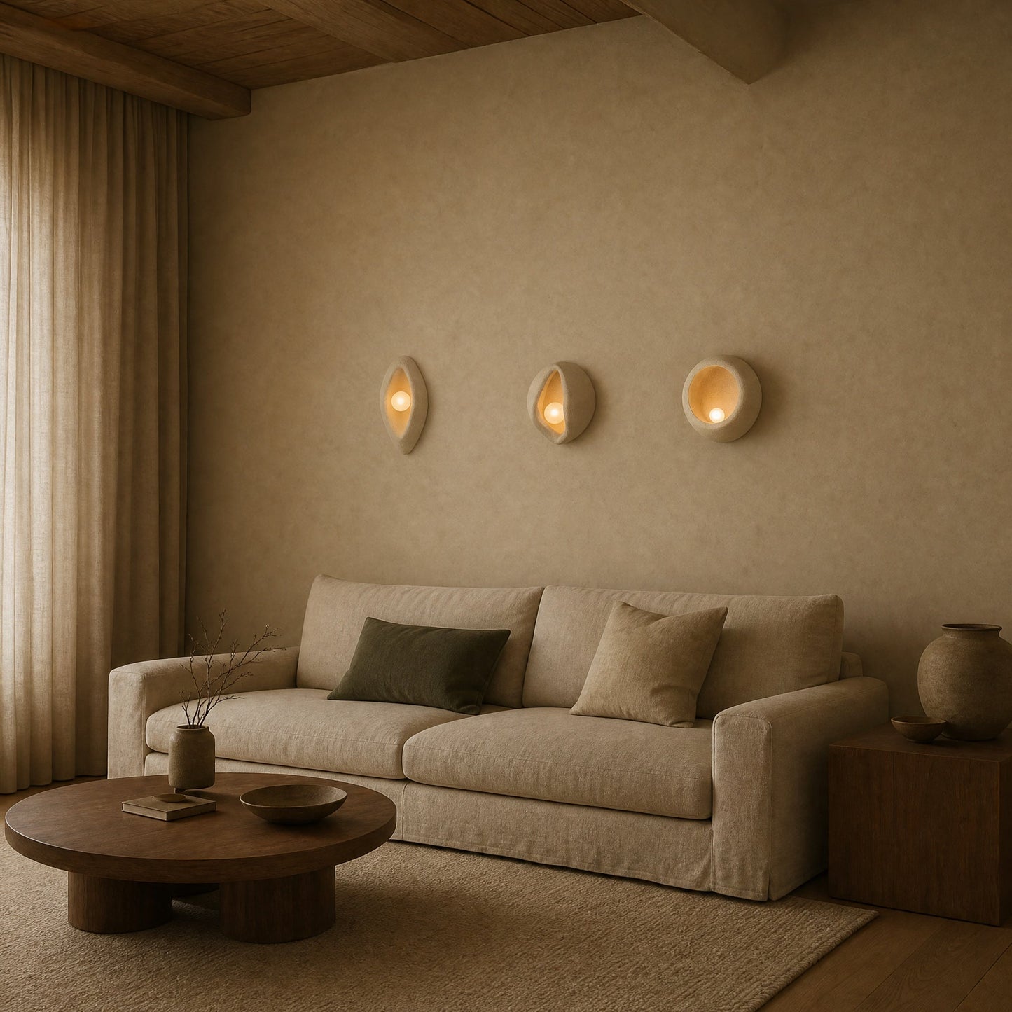 Three Savlin shells aligned and lit above a linen sofa in a japandi living room | Wickleigh