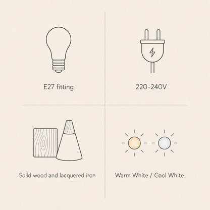 Scandinavian pendant light features: E27 fitting, solid wood, lacquered iron