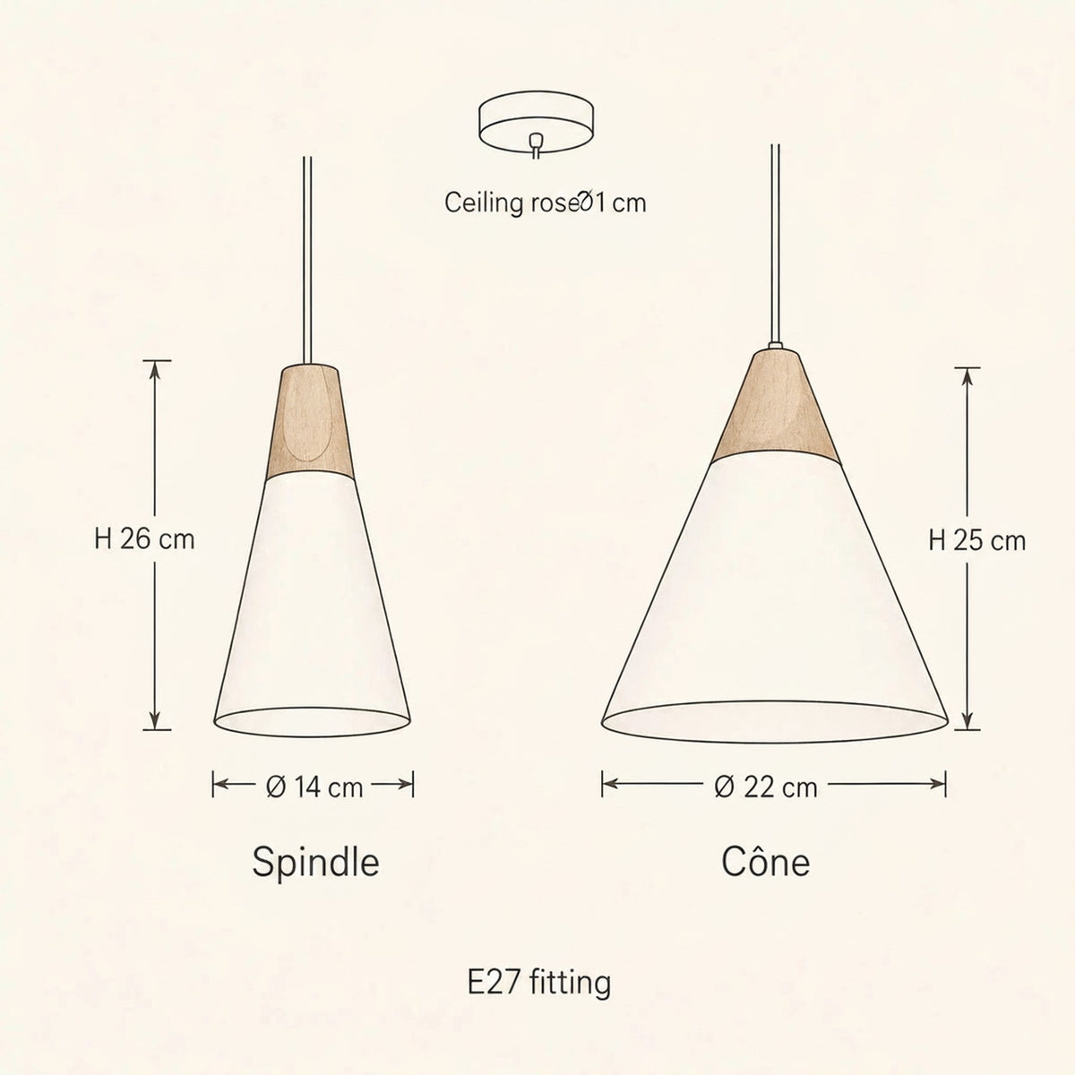Scandinavian pendant light size guide, spindle and cone shades with rose