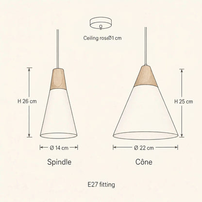Scandinavian pendant light size guide, spindle and cone shades with rose