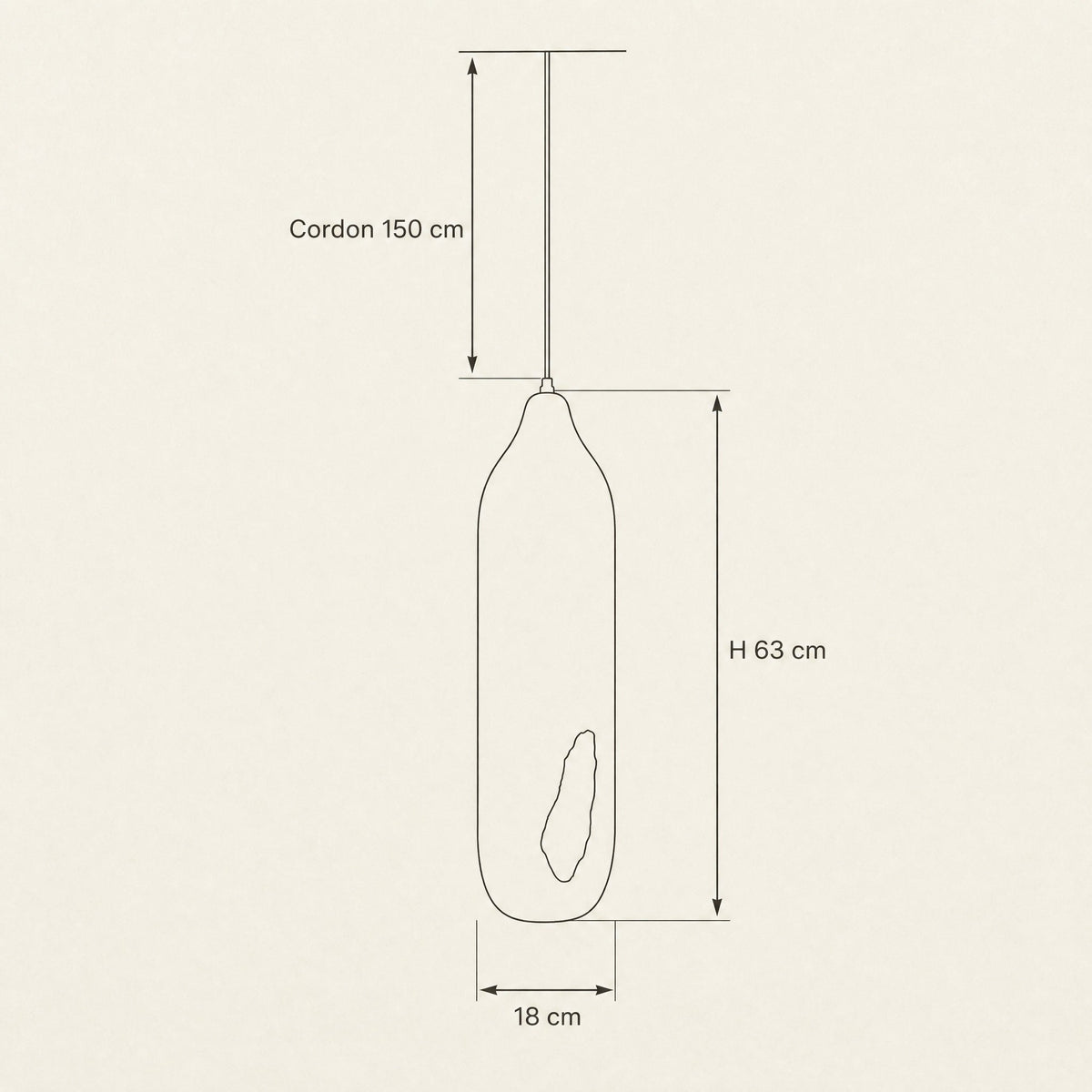 Dimension diagram of the Korven pendant light, height 63 cm, diameter 18 cm, cord 150 cm | Wickleigh