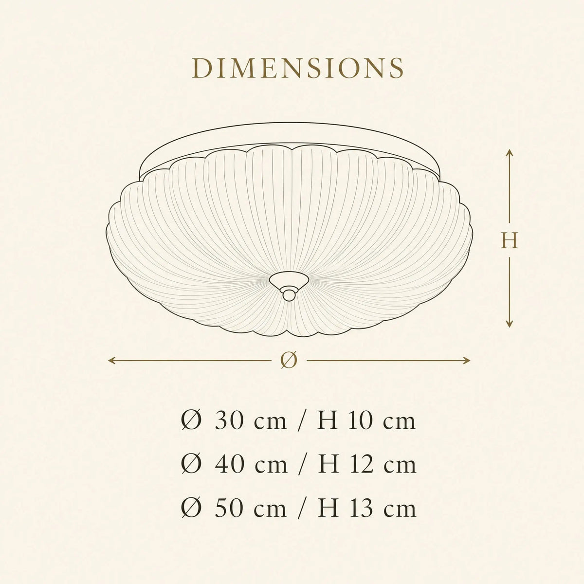 Dimension diagram of the Hilra ceiling light, Ø30, 40 and 50cm | Wickleigh