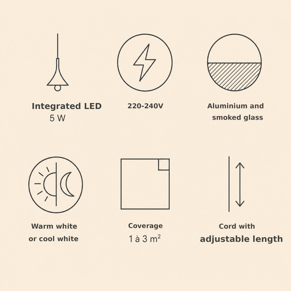 Smoked glass pendant light features: integrated LED, 5 W, adjustable cord