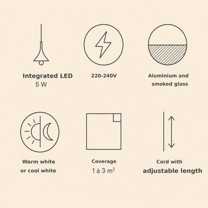 Smoked glass pendant light features: integrated LED, 5 W, adjustable cord