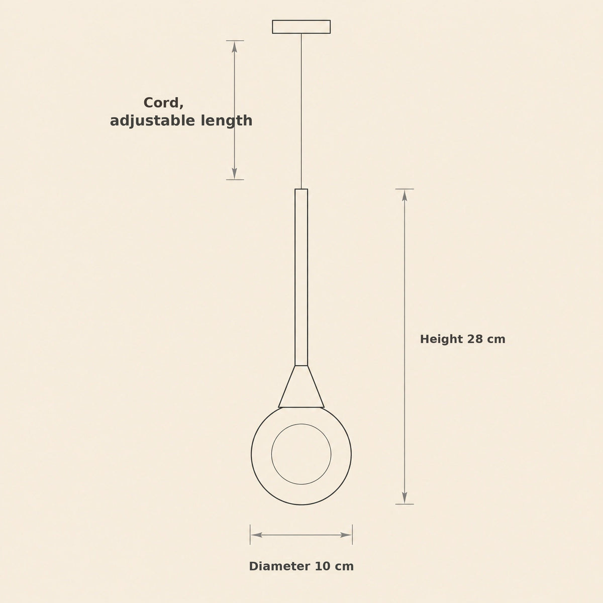 Smoked glass pendant light size guide, height 28 cm and diameter 10 cm
