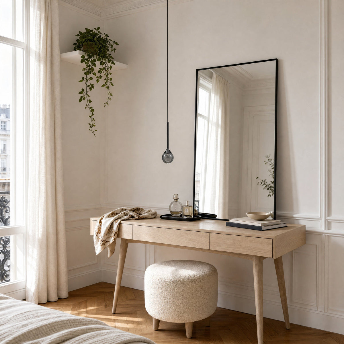 Falen smoked glass pendant light in black finish near a light ash dressing table, in daylight | Wickleigh