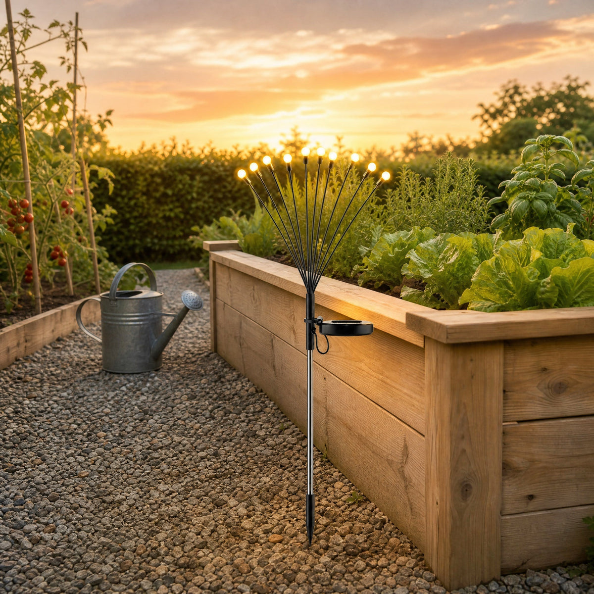 Islin solar garden light planted beside a raised wooden vegetable bed at sunset | Wickleigh