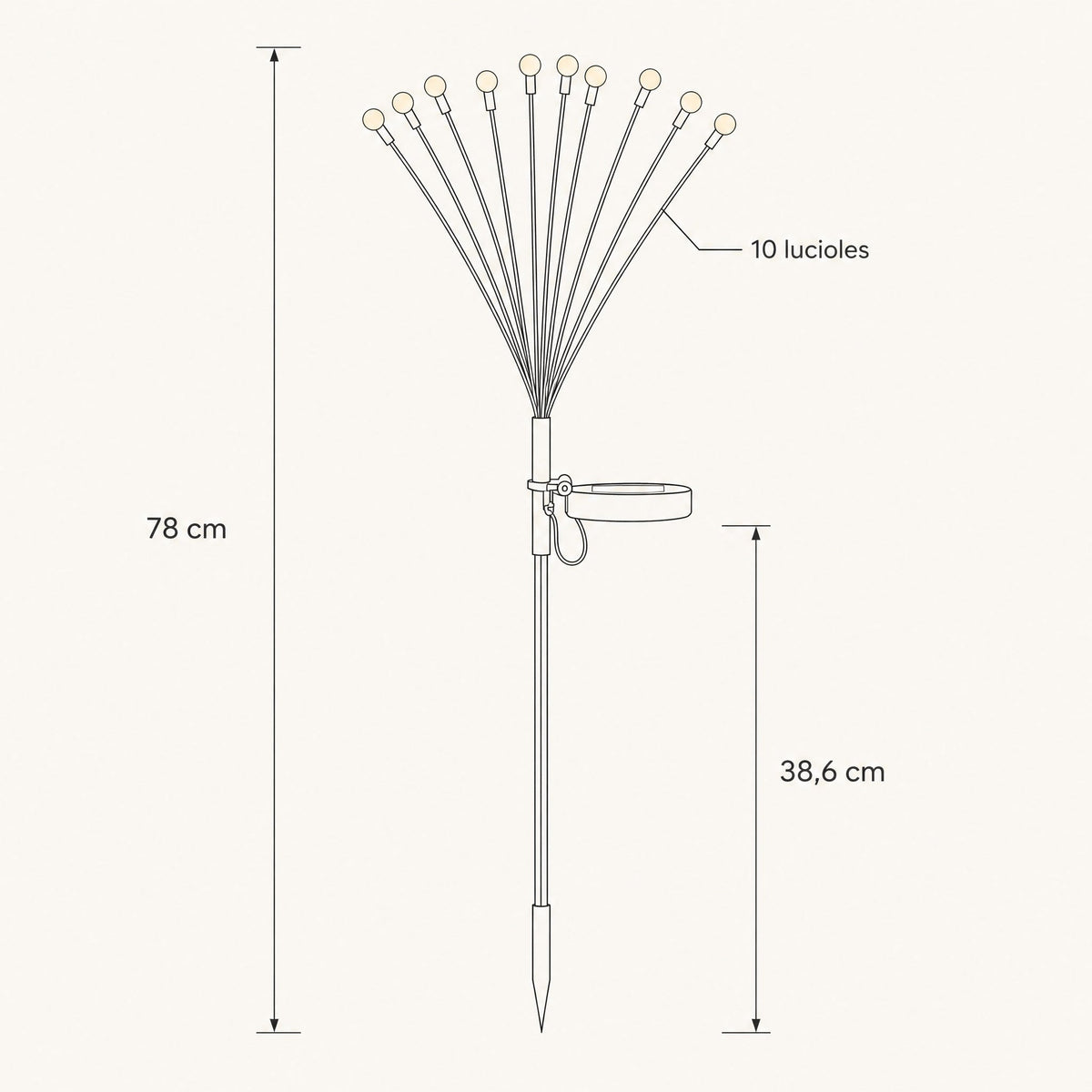 Dimension diagram of the Islin solar stake, total height 78 cm, stake 38.6 cm, ten fireflies | Wickleigh