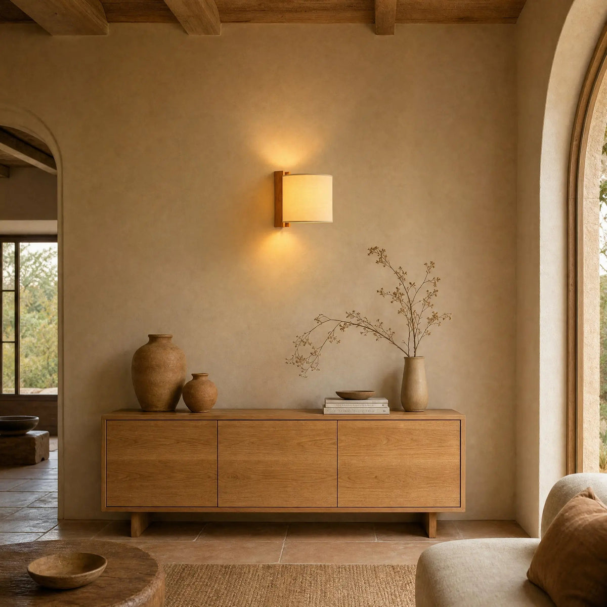Blyne wall light lit in a wabi-sabi sitting room at dusk | Wickleigh