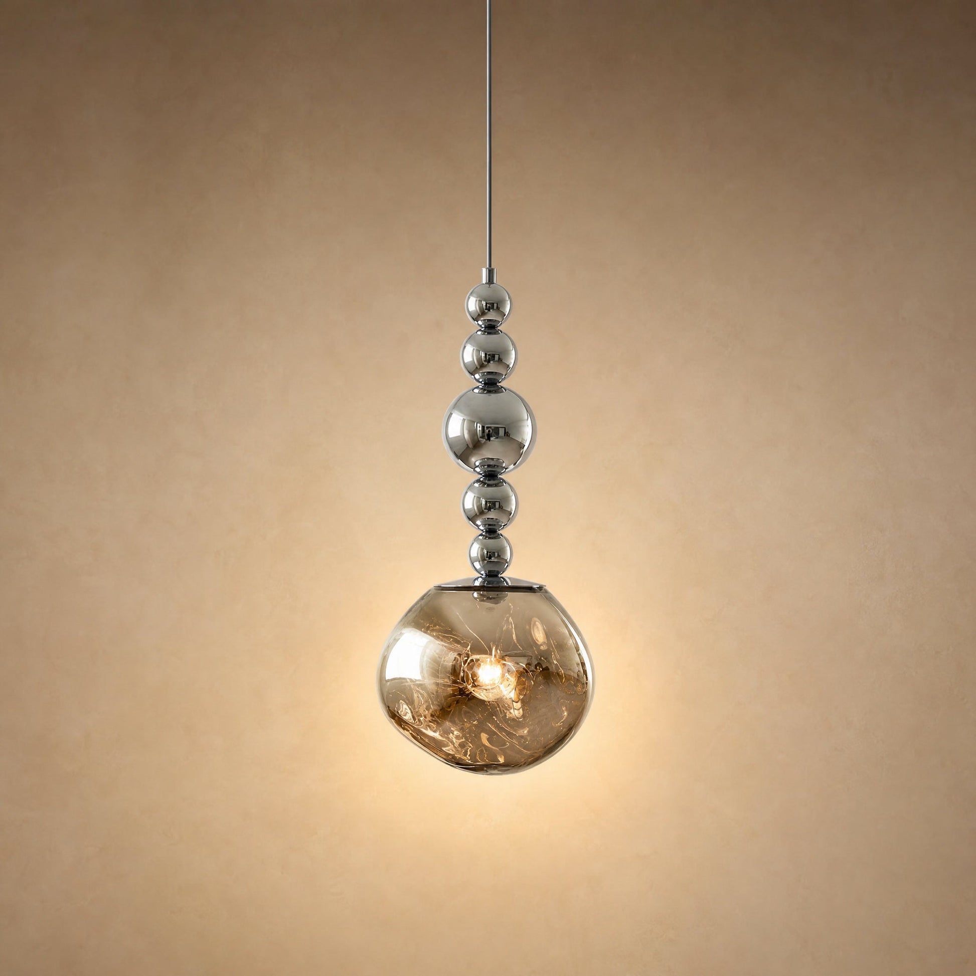 Kolna art deco pendant light, chrome bead chain and smoked cast globe | Wickleigh