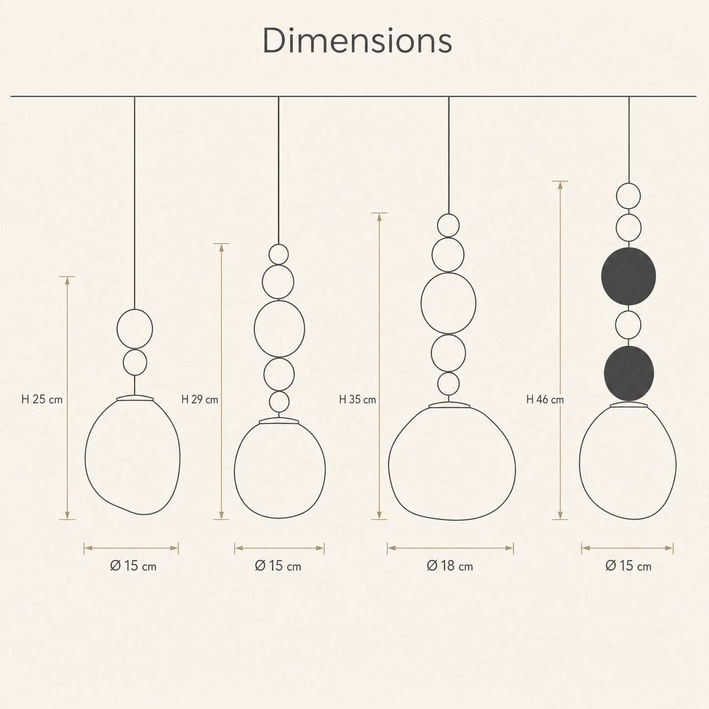 Dimension diagram of the four Kolna art deco pendant light models, heights and diameters | Wickleigh