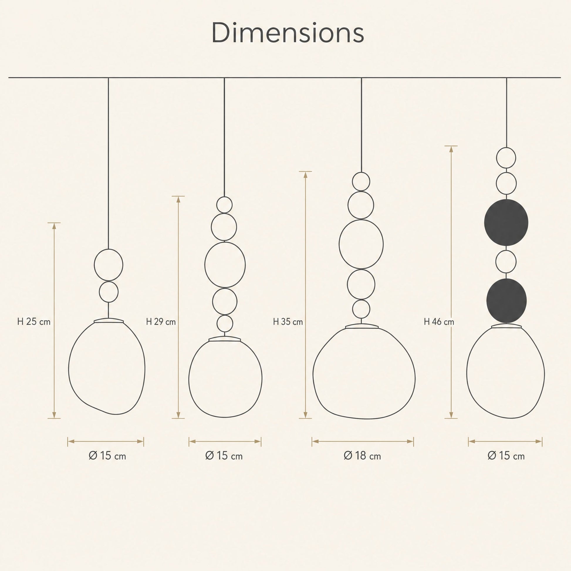 Dimension diagram of the four Kolna art deco pendant light models, heights and diameters | Wickleigh