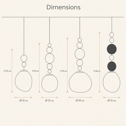 Dimension diagram of the four Kolna art deco pendant light models, heights and diameters | Wickleigh