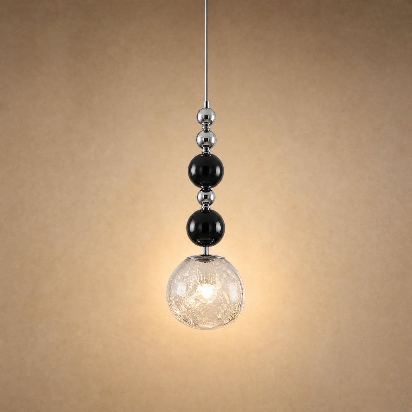 Kolna art deco pendant light with black beads and transparent crackled globe, 15 cm | Wickleigh