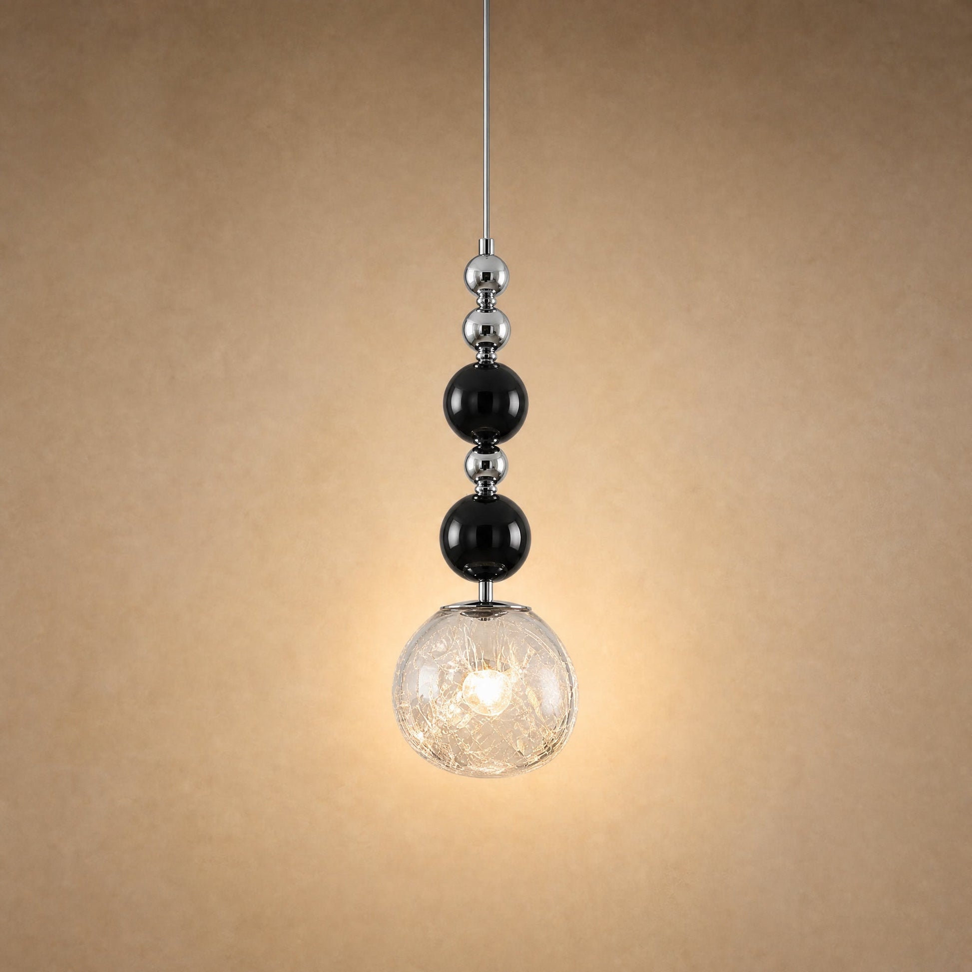 Kolna art deco pendant light with black beads and transparent crackled globe, 15 cm | Wickleigh