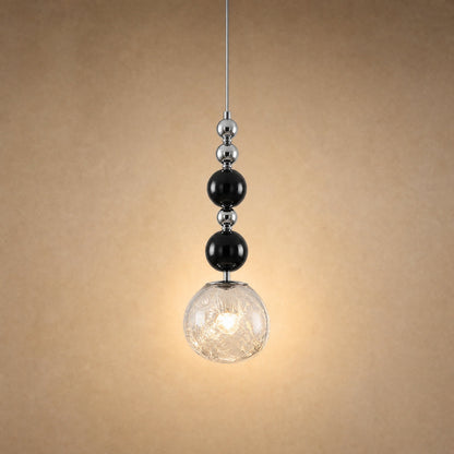 Kolna art deco pendant light with black beads and transparent crackled globe, 15 cm | Wickleigh