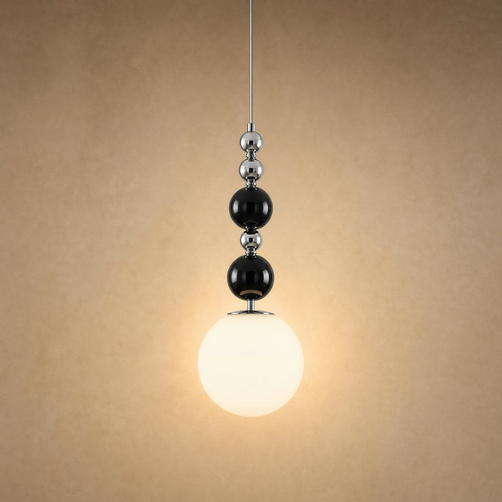Kolna art deco pendant light with black beads and white opal globe, 15 cm | Wickleigh