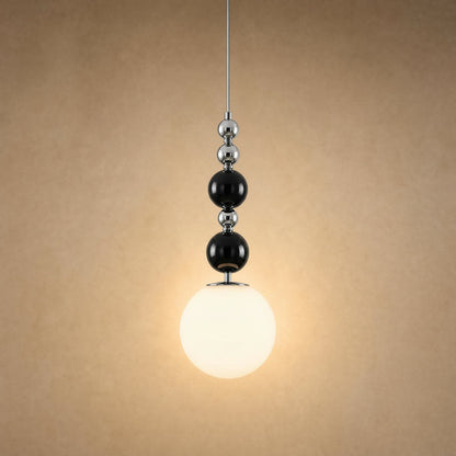 Kolna art deco pendant light with black beads and white opal globe, 15 cm | Wickleigh