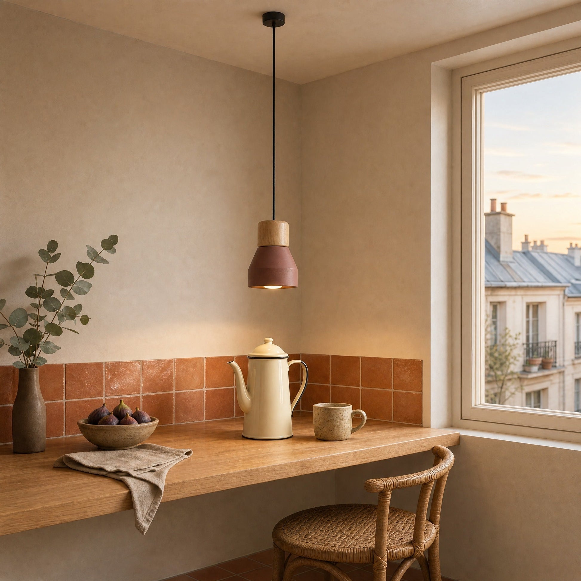Asena concrete pendant light in Terracotta, lit above a breakfast counter at dawn | Wickleigh
