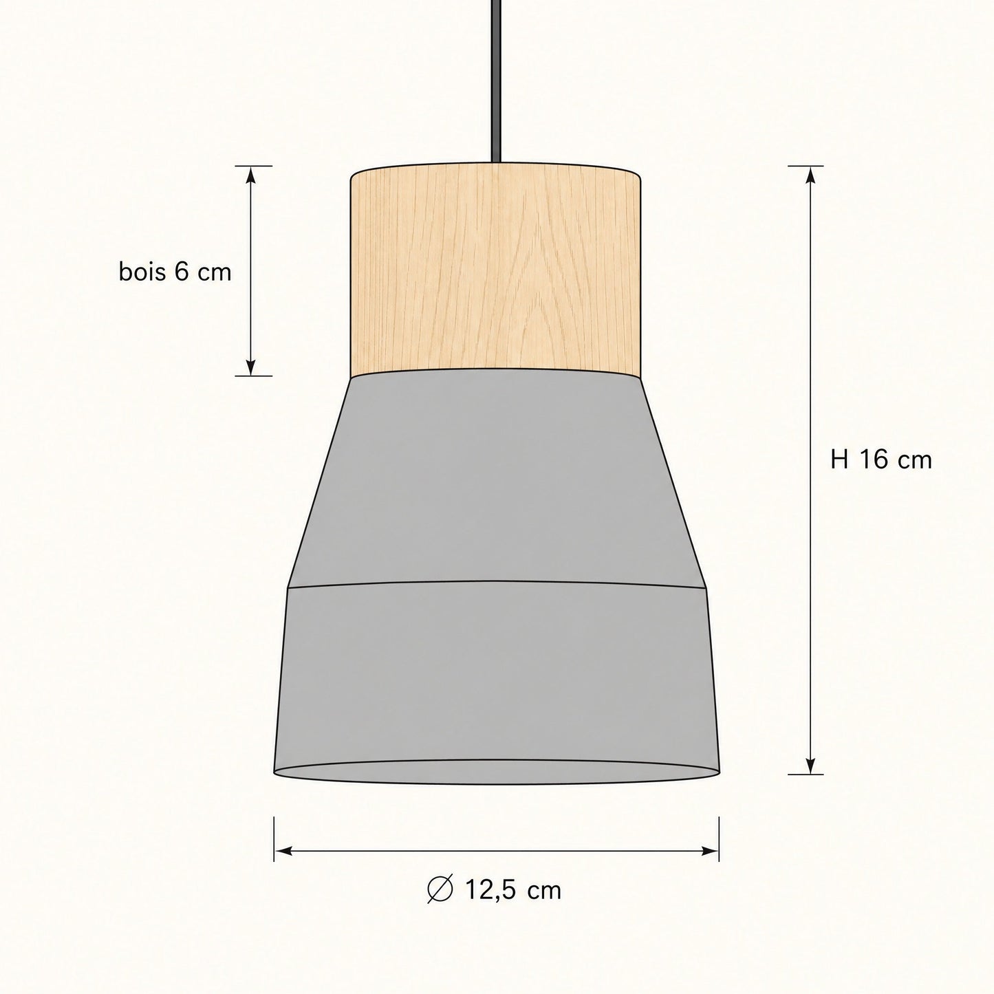 Dimension diagram of the Asena concrete pendant light, 12.5 cm diameter and 16 cm height | Wickleigh
