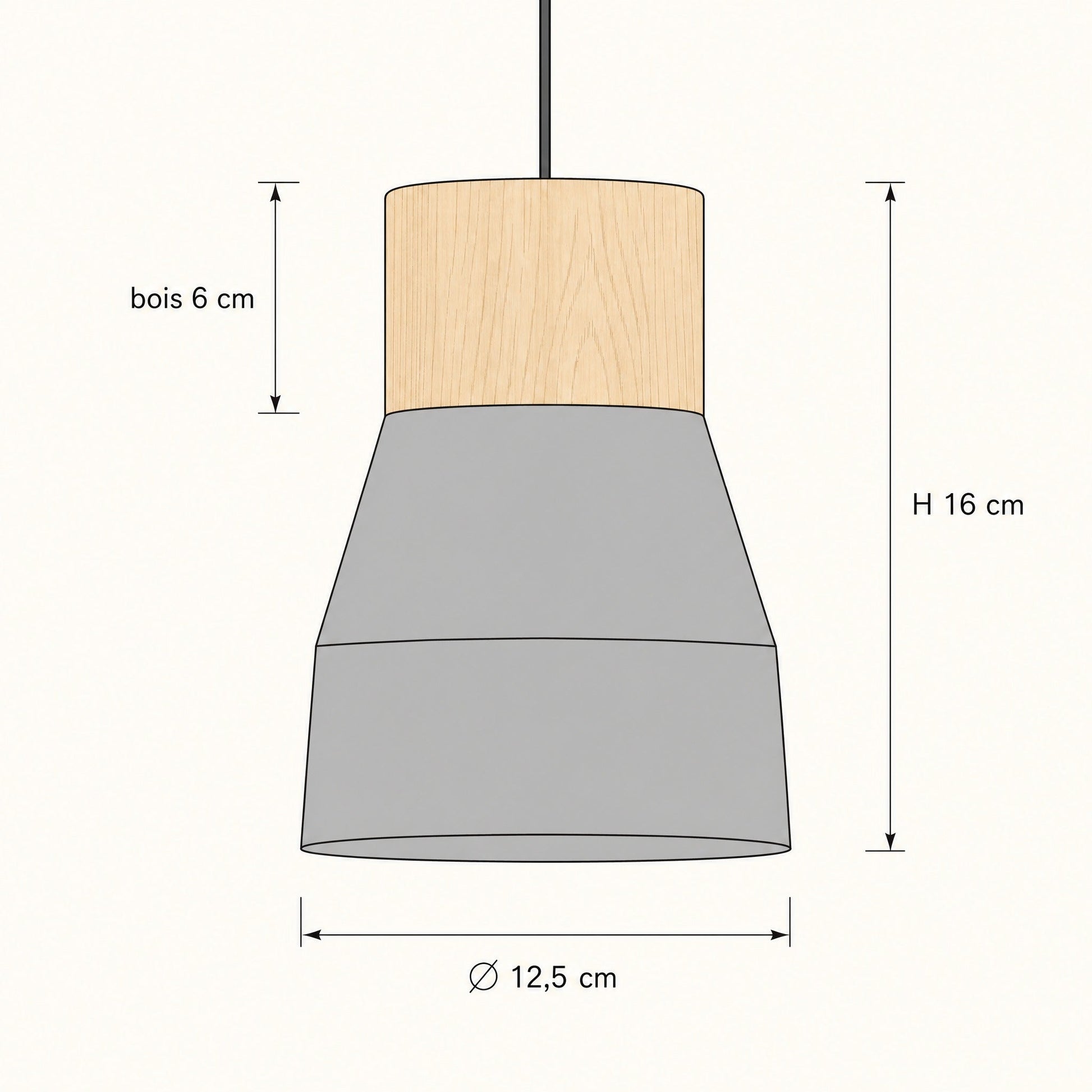 Dimension diagram of the Asena concrete pendant light, 12.5 cm diameter and 16 cm height | Wickleigh