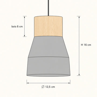 Dimension diagram of the Asena concrete pendant light, 12.5 cm diameter and 16 cm height | Wickleigh
