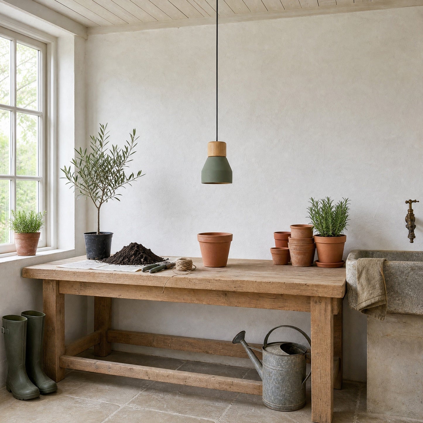 Asena concrete pendant light in Sage Green above a potting bench in daylight | Wickleigh