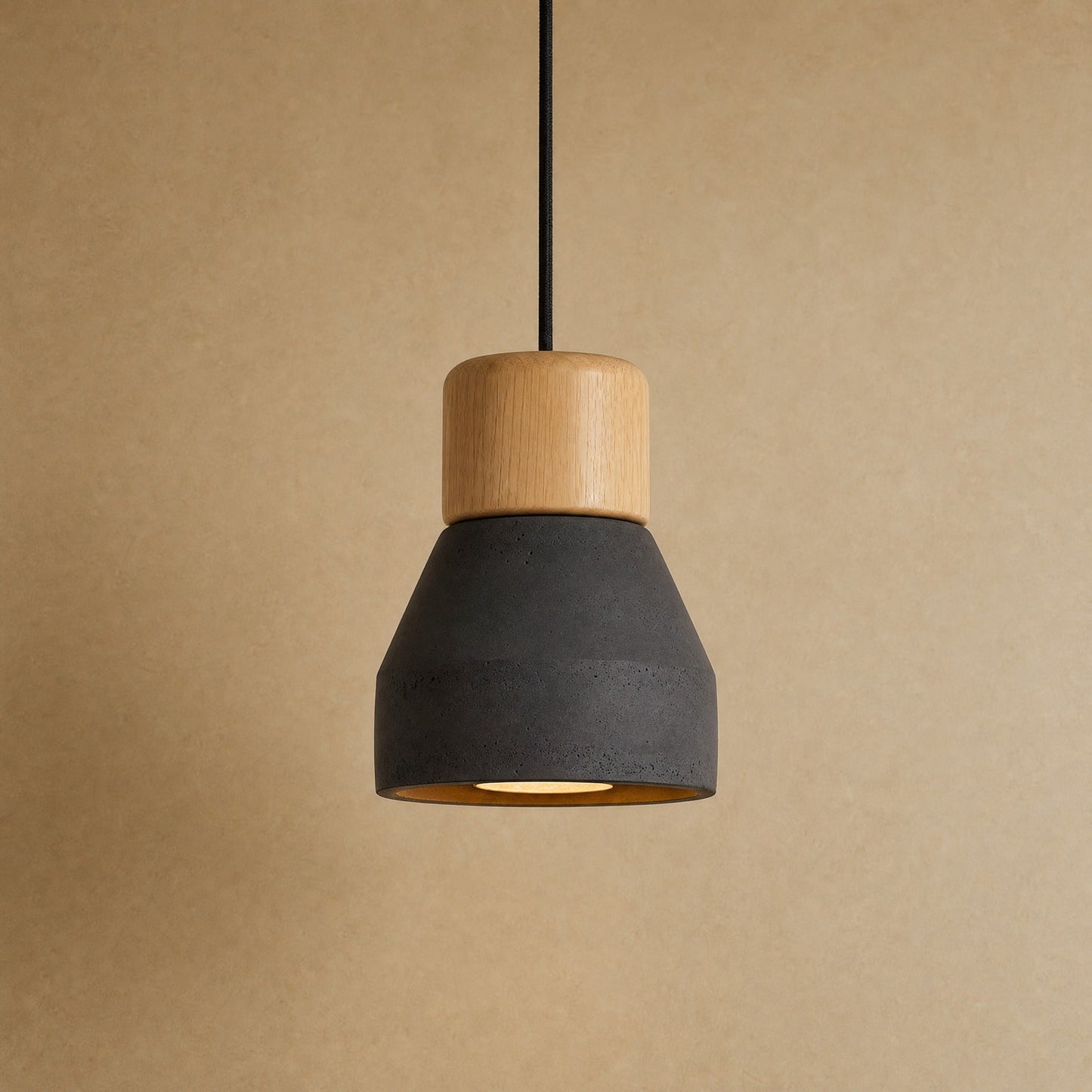 Asena concrete pendant light in Black, raw cone with light wood cylinder, Ø 12.5 cm | Wickleigh