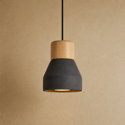 Asena concrete pendant light in Black, raw cone with light wood cylinder, Ø 12.5 cm | Wickleigh