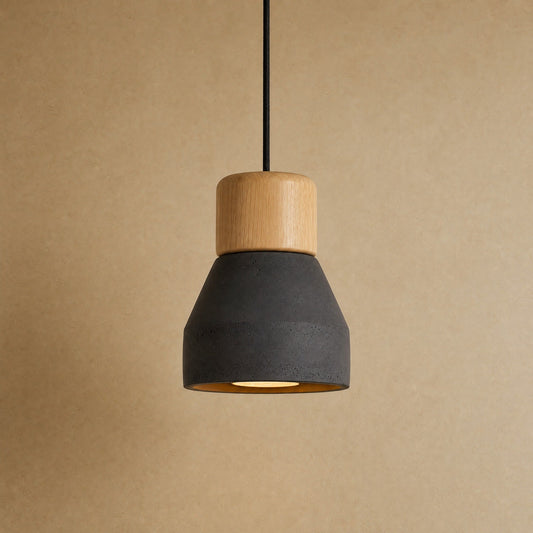Asena concrete pendant light in Black, raw cone with light wood cylinder, Ø 12.5 cm | Wickleigh