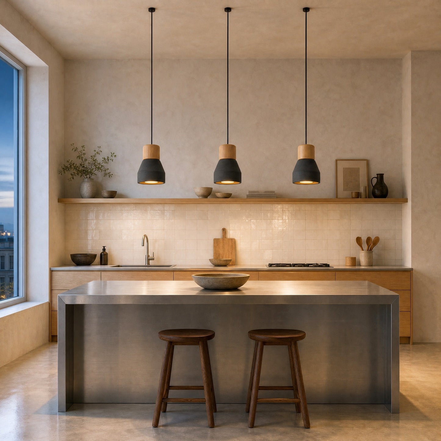 Three Asena concrete pendant lights in Black, lit above a brushed steel kitchen island | Wickleigh
