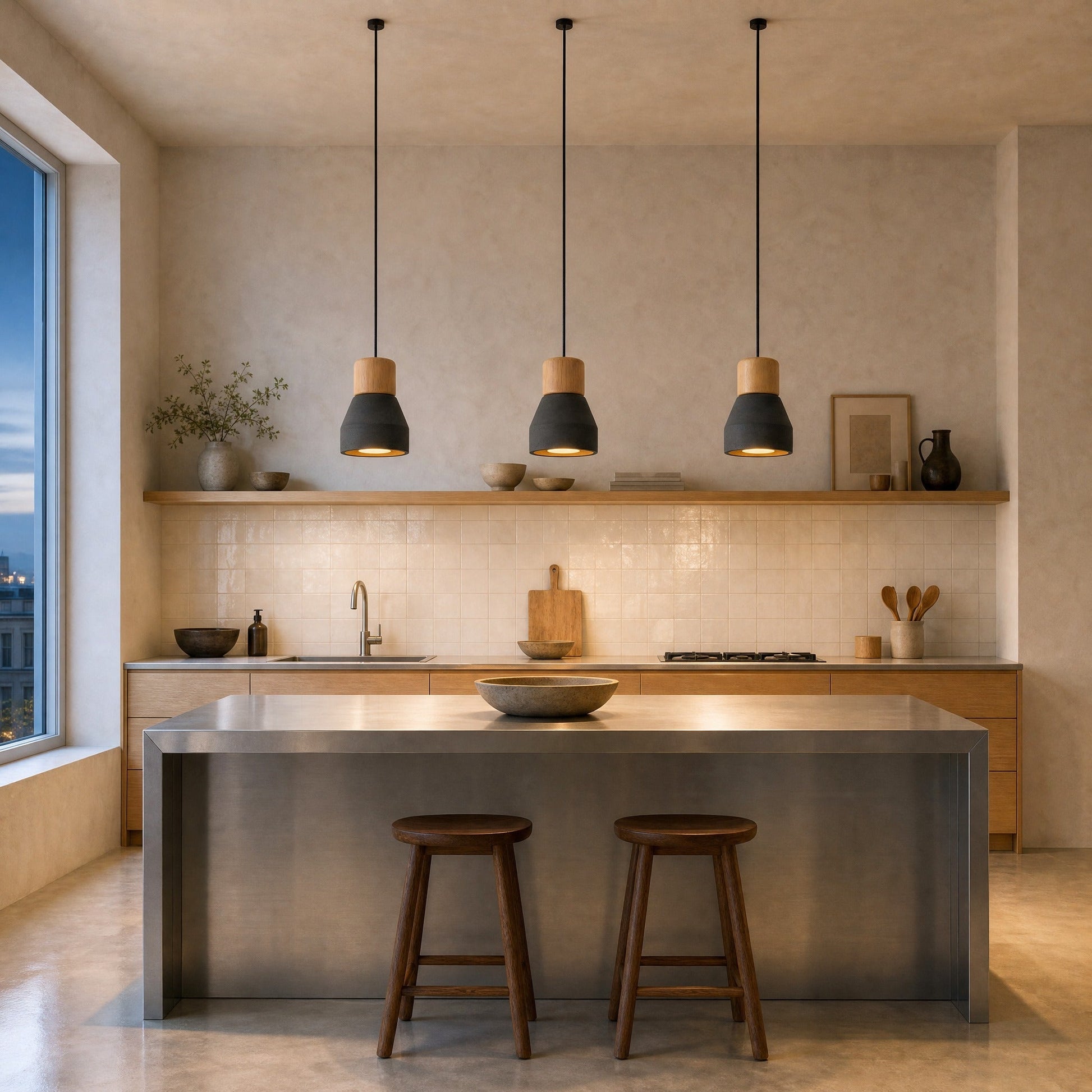 Three Asena concrete pendant lights in Black, lit above a brushed steel kitchen island | Wickleigh