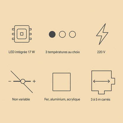 Specification chart of the Silna pendant light, integrated 17W LED, three colour temperatures, 220V | Wickleigh