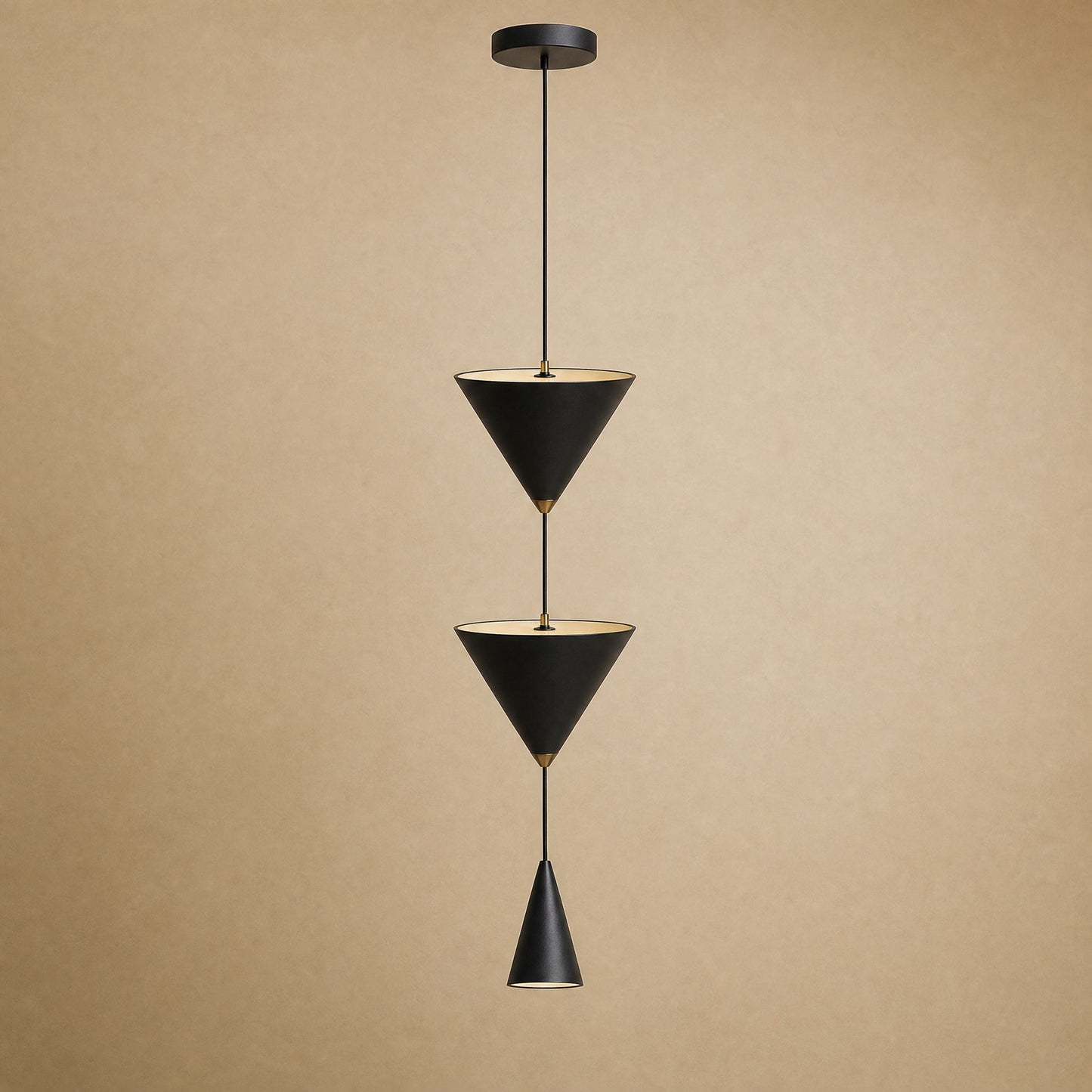 Silna black bedside pendant light, cascade of three cones on a single wire | Wickleigh