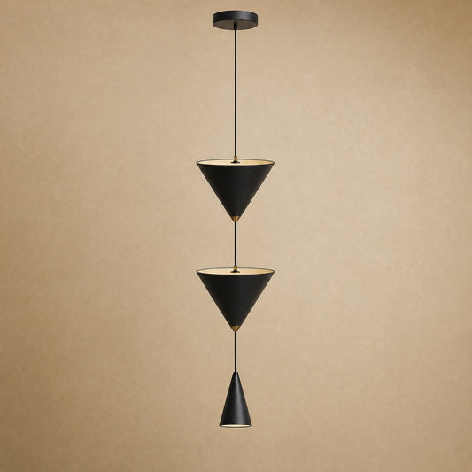 Silna black bedside pendant light, cascade of three cones on a single wire | Wickleigh