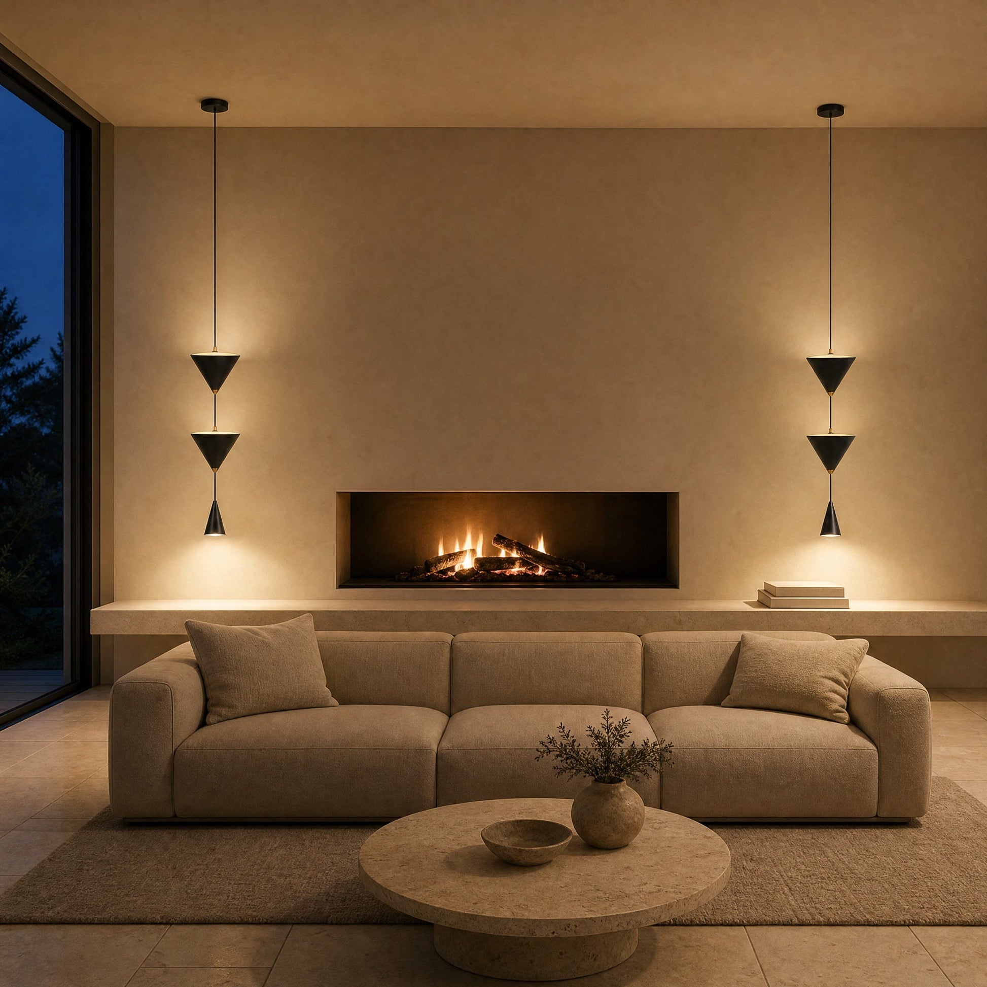Two Silna black pendant lights lit either side of a fireplace in a contemporary sitting room | Wickleigh