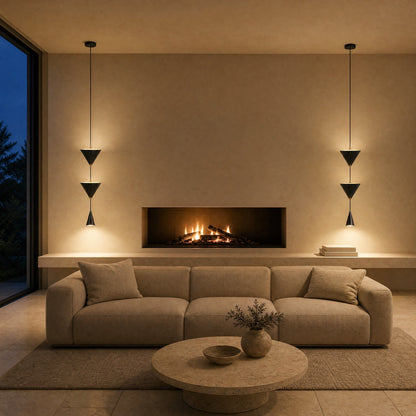 Two Silna black pendant lights lit either side of a fireplace in a contemporary sitting room | Wickleigh