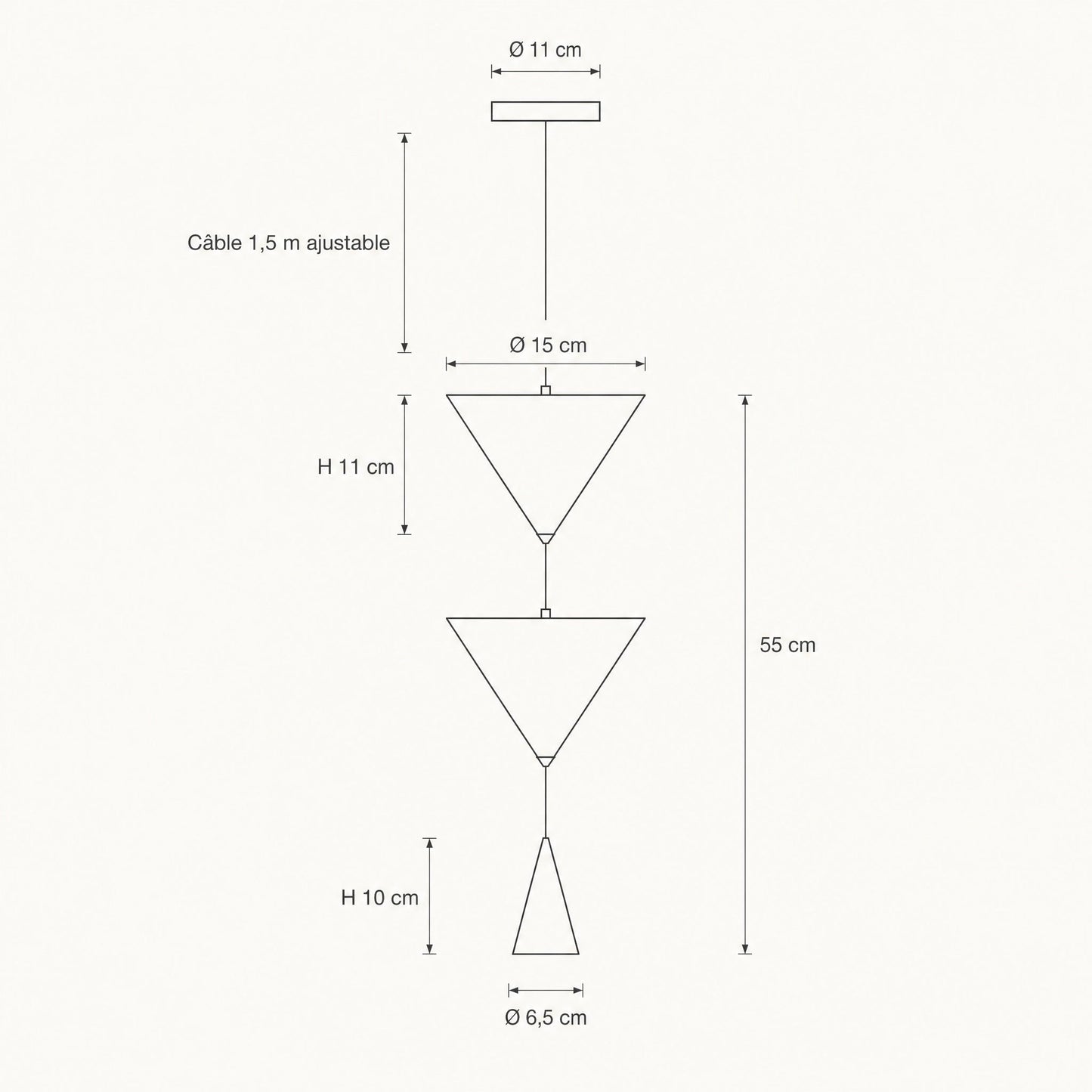 Dimension diagram of the Silna pendant light, 11cm rose, 15cm cones, 55cm overall | Wickleigh