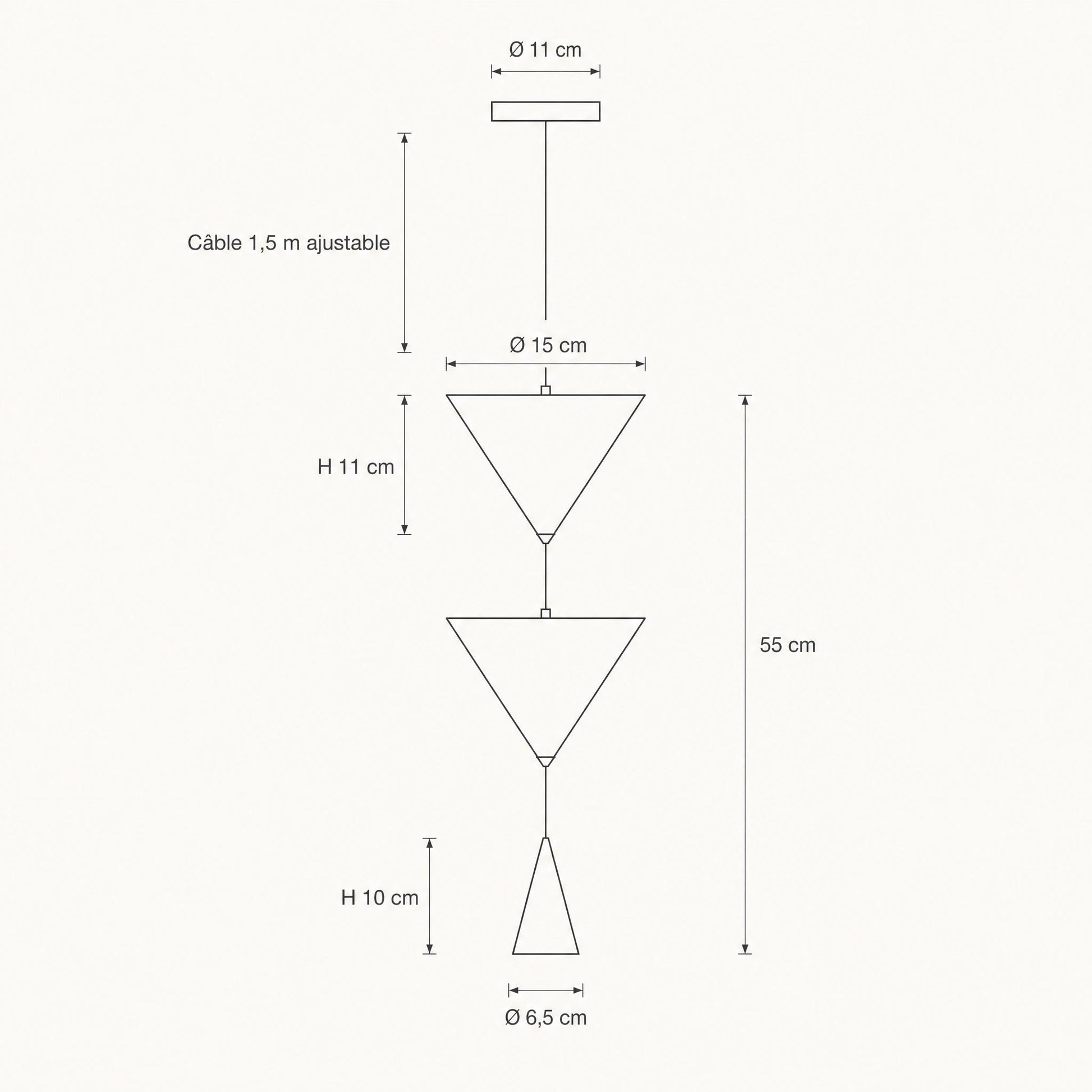 Dimension diagram of the Silna pendant light, 11cm rose, 15cm cones, 55cm overall | Wickleigh